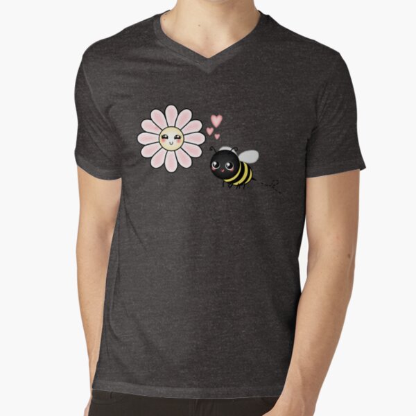 Kawaii Bumble Bee & Kawaii Daisy | Pink Blossom Flower V-Neck T-Shirt
