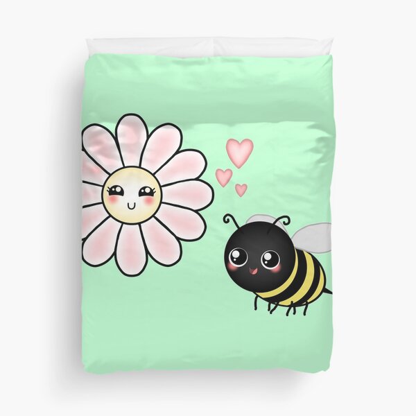 Kawaii Bumble Bee & Kawaii Daisy | Pink Blossom Flower Duvet Cover