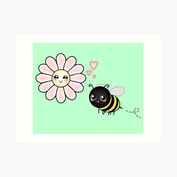 Kawaii Bumble Bee & Kawaii Daisy | Pink Blossom Flower Art Print