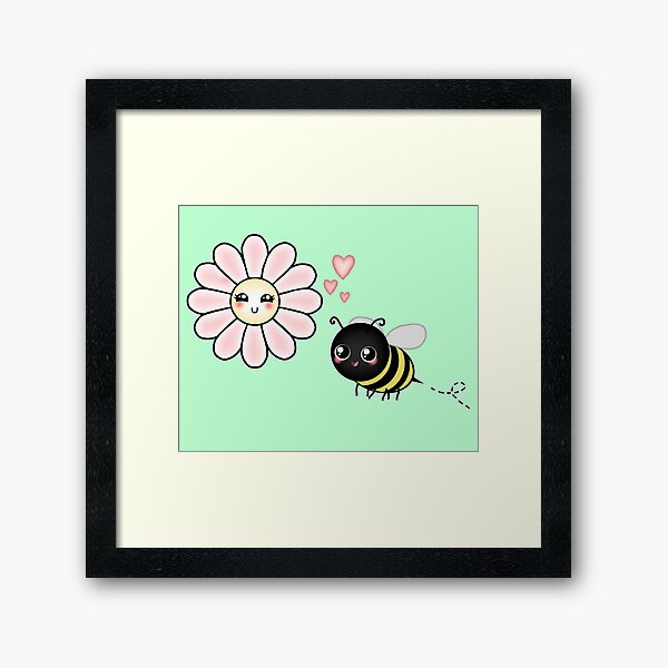 Kawaii Bumble Bee & Kawaii Daisy | Pink Blossom Flower Framed Art Print