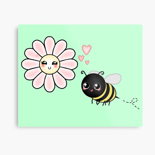 Kawaii Bumble Bee & Kawaii Daisy | Pink Blossom Flower Metal Print
