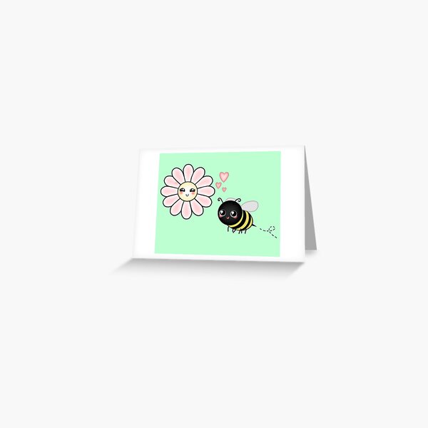 Kawaii Bumble Bee & Kawaii Daisy | Pink Blossom Flower Greeting Card