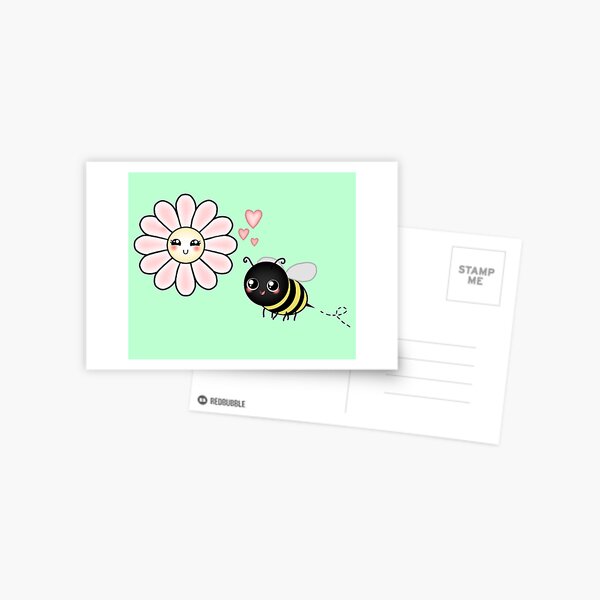 Kawaii Bumble Bee & Kawaii Daisy | Pink Blossom Flower Postcard