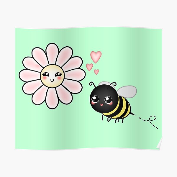 Kawaii Bumble Bee & Kawaii Daisy | Pink Blossom Flower Poster