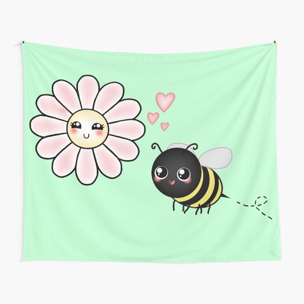 Kawaii Bumble Bee & Kawaii Daisy | Pink Blossom Flower Tapestry