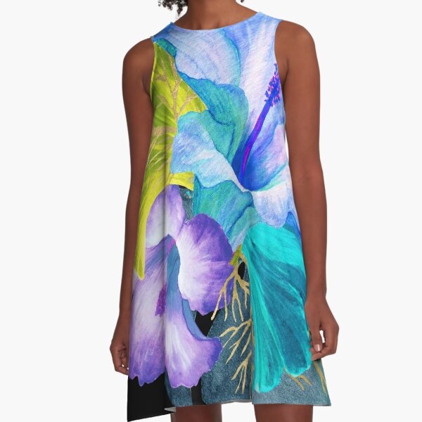 Flower Power – Blue Tropical A-Line Dress