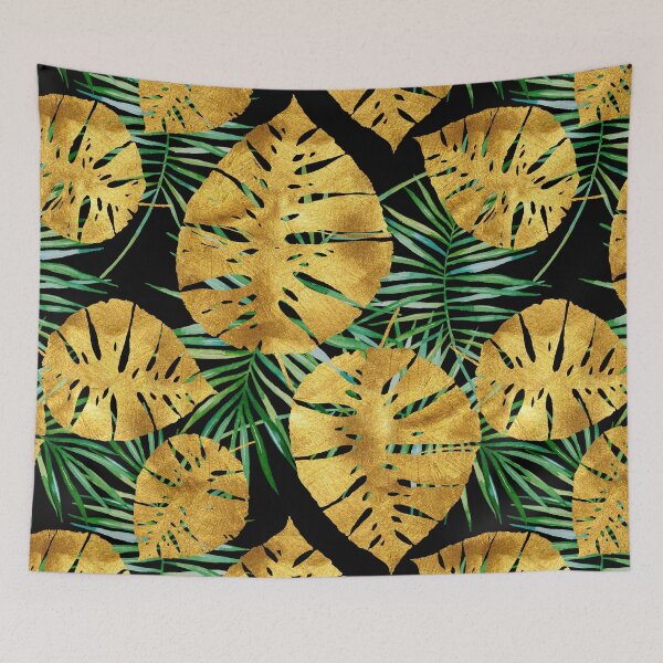 Item preview, Tropical Haze Noir II gold monstera leaves, green palm fronds designed and sold by Glimmersmith.
