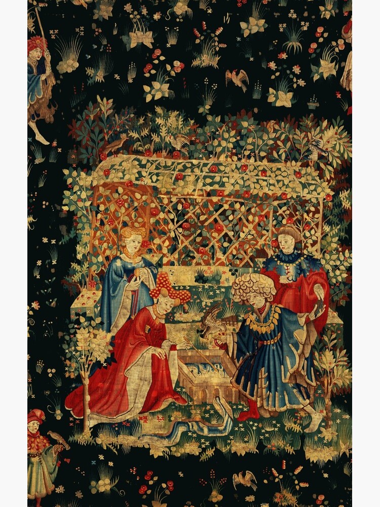 FALCONS BATH Red Blue Antique Medieval Tapestry,Court Figures