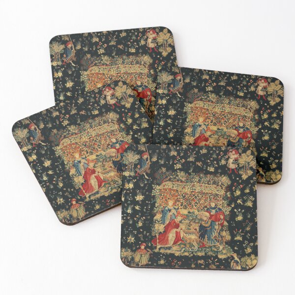 Item preview, FALCONS BATH Red Blue Antique Medieval Tapestry,Court Figures,Birds, Flowers ,Rose Trellis designed and sold by BulganLumini.