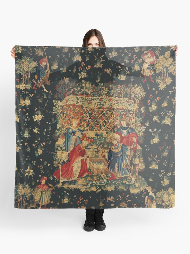 FALCONS BATH Red Blue Antique Medieval Tapestry,Court Figures,Birds,  Flowers ,Rose Trellis | Scarf