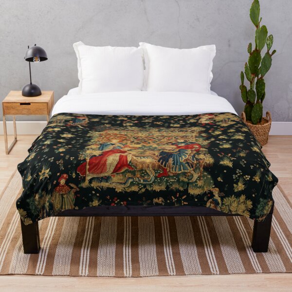 FALCONS BATH Red Blue Antique Medieval Tapestry,Court Figures,Birds, Flowers ,Rose Trellis Throw Blanket