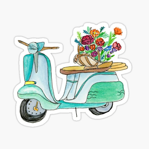 Watercolor Vespa Scooter With Basket Of Flowers Sticker
