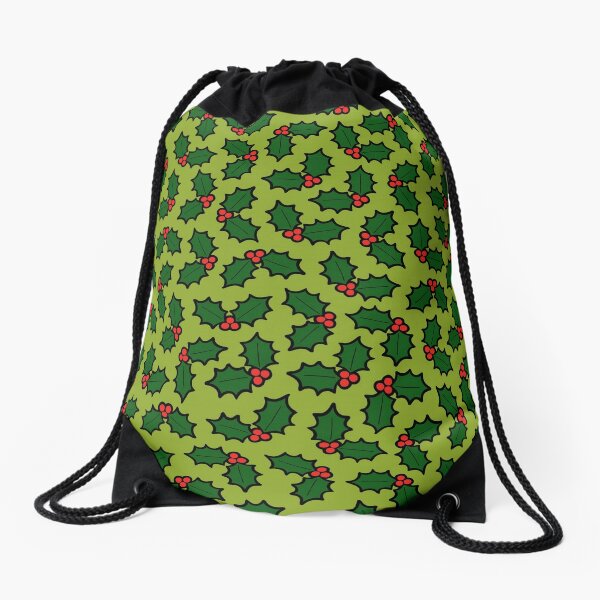 Holly Leaves and Berries Pattern in Light Green Drawstring Bag