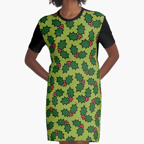 Holly Leaves and Berries Pattern in Light Green Graphic T-Shirt Dress