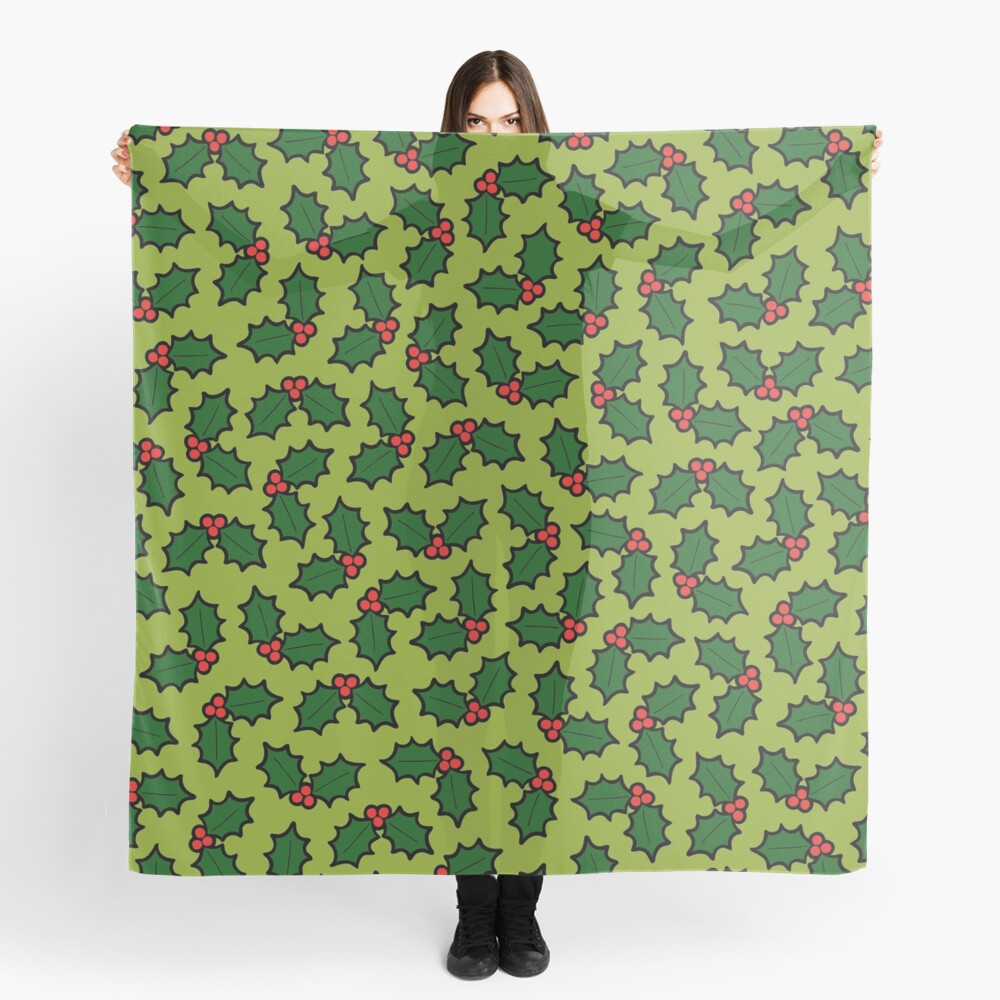 Holly Leaves and Berries Pattern in Light Green Scarf