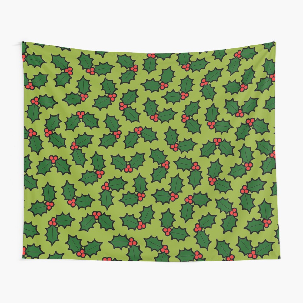 Holly Leaves and Berries Pattern in Light Green Wall Tapestry