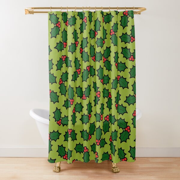 Holly Leaves and Berries Pattern in Light Green Shower Curtain