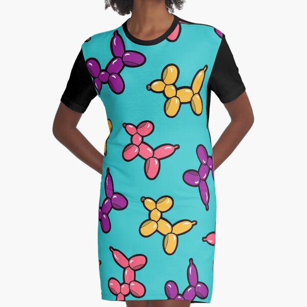 Balloon Animal Dogs Pattern in Blue Graphic T-Shirt Dress