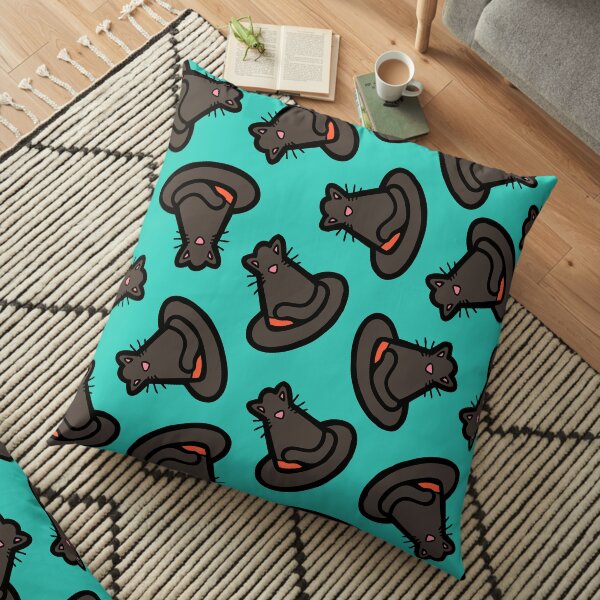 Halloween Witches Cat Hat Pattern in Turquoise Floor Pillow