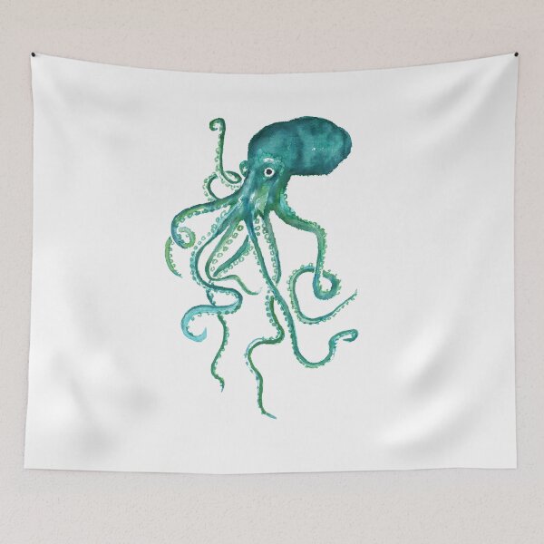 Item preview, Blue green watercolor octopus. Tropical underwater creature. designed and sold by PandaAvenue.