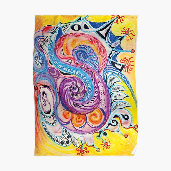 Roundish multicolored shapes on yellow abstract Poster