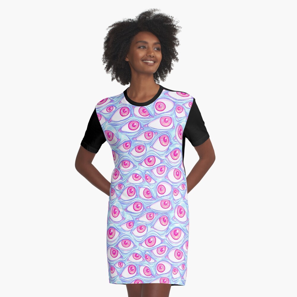 Wall of Eyes in Baby Blue Graphic T-Shirt Dress