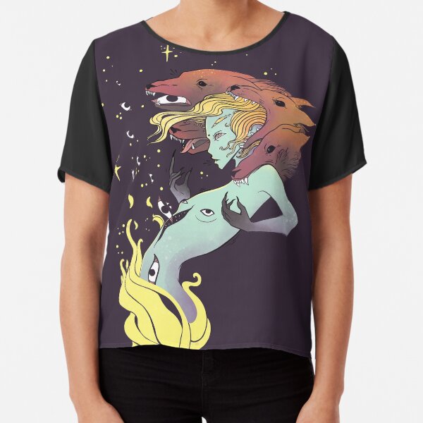 Fire Witch With Wolf Heads And Stars Chiffon Top