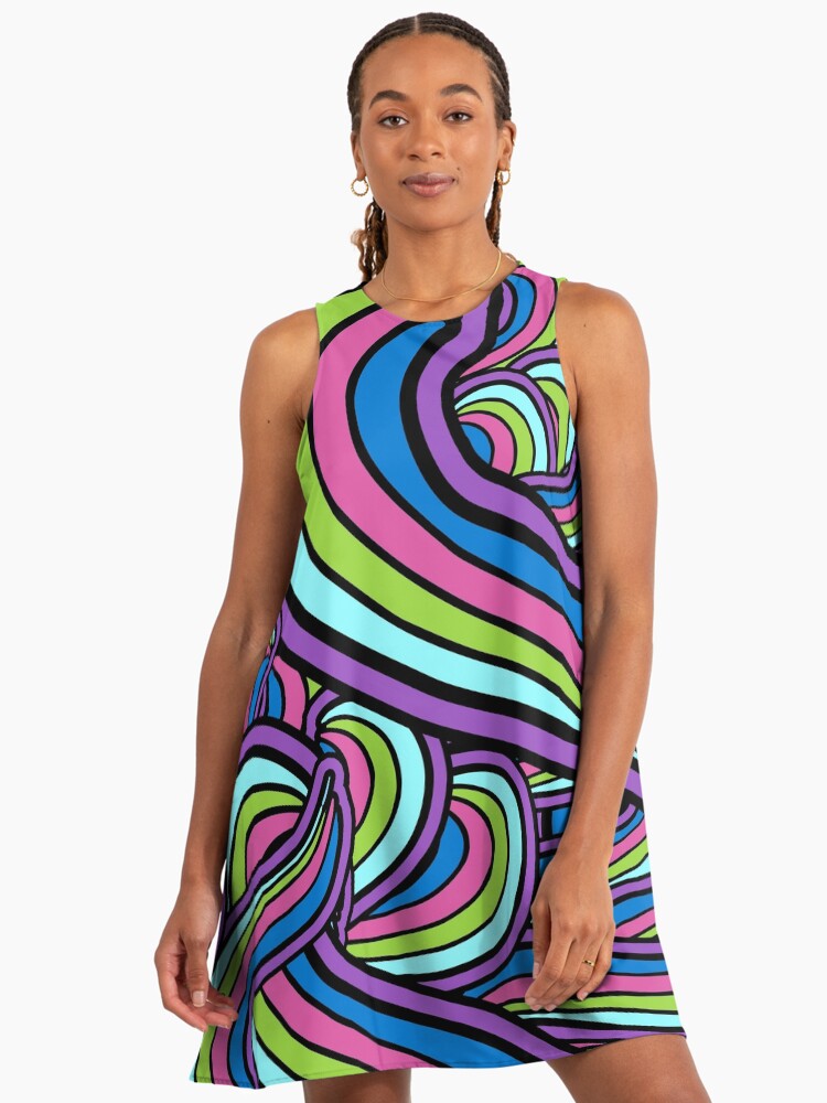 Geometric Groovy Psychedelic Art Hippie Retro 60's 70's Purple Green Blue Wave A-Line Dress