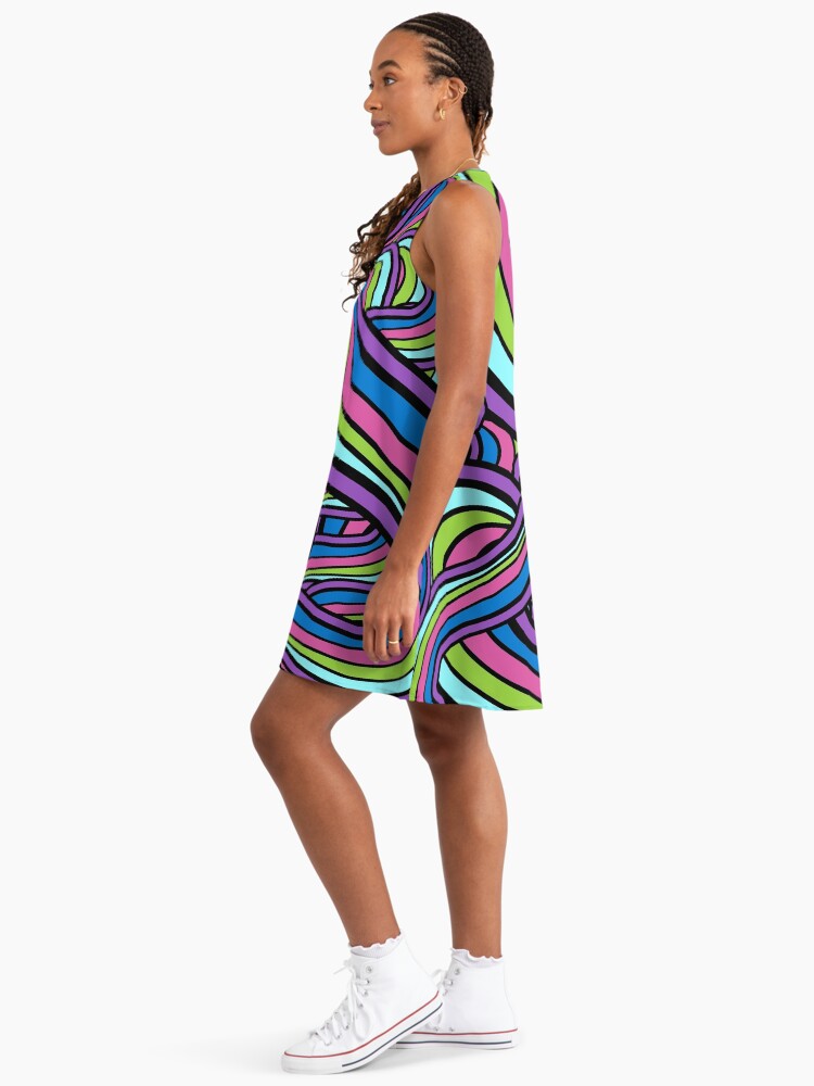 Geometric Groovy Psychedelic Art Hippie Retro 60's 70's Purple Green Blue Wave A-Line Dress