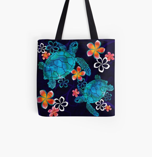 Sea Turtle with Flowers All Over Print Tote Bag
