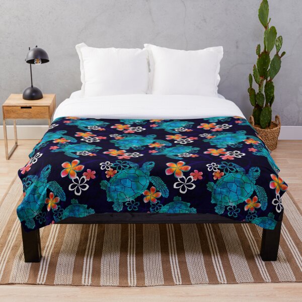 Sea Turtle with Flowers Throw Blanket