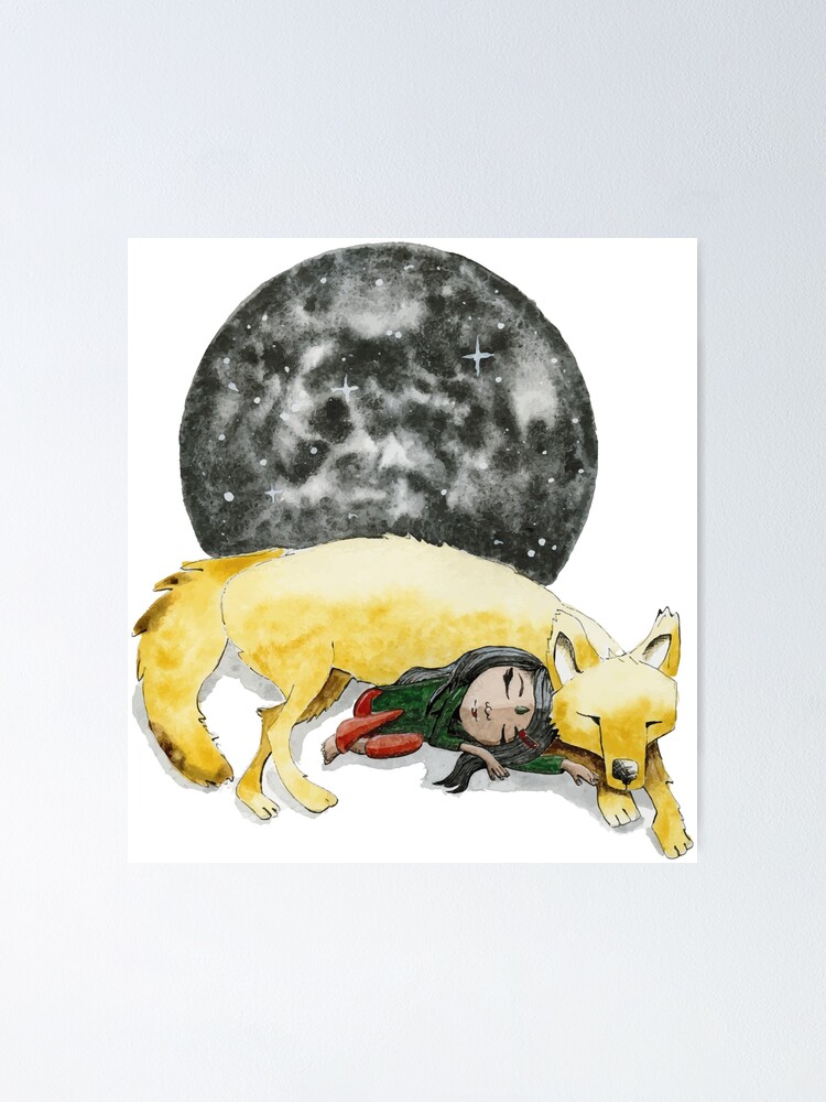 Poster Loup Avec Fille Indienne Sous Un Ciel Etoile Avec La Lune Par Rabeille Redbubble