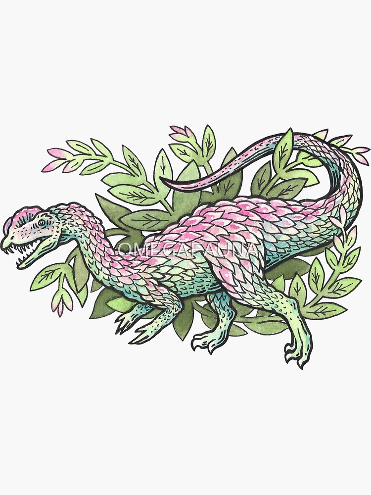 Thumbnail 3 of 3, Sticker, Dilophosaurus Bouquet | Dinosaur Plant Floral Watercolor designed and sold by OMEGAFAUNA.