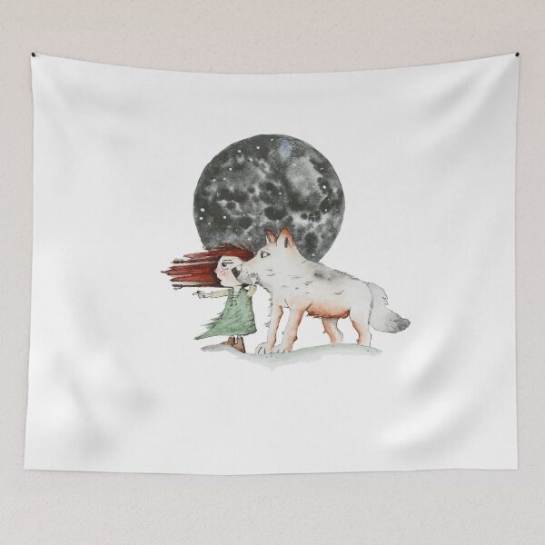 Item preview, Wolf with girl under starry sky with moon designed and sold by RAbeille.
