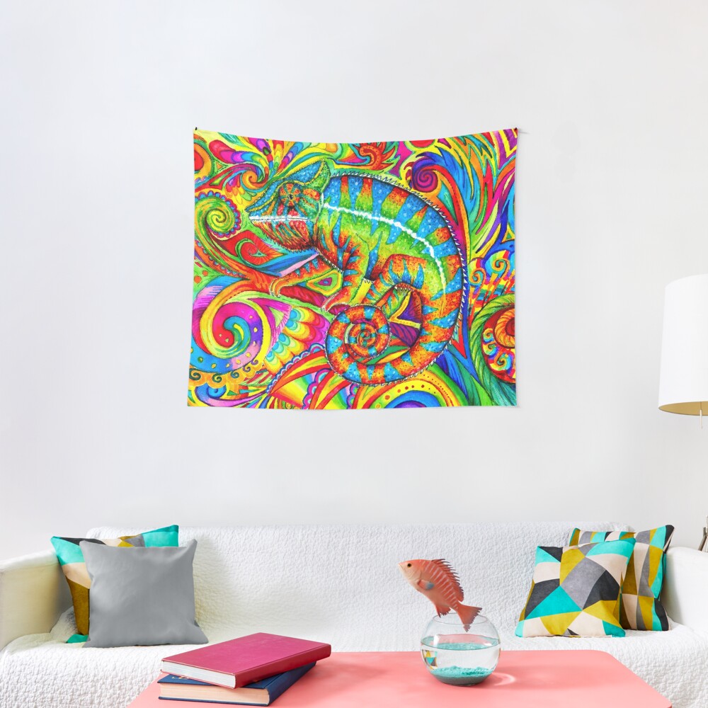 Psychedelizard Psychedelic Chameleon Bunte Regenbogeneidechse Wandbehang Von Lioncrusher Redbubble