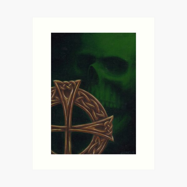 green skull with a gold cross Art Print