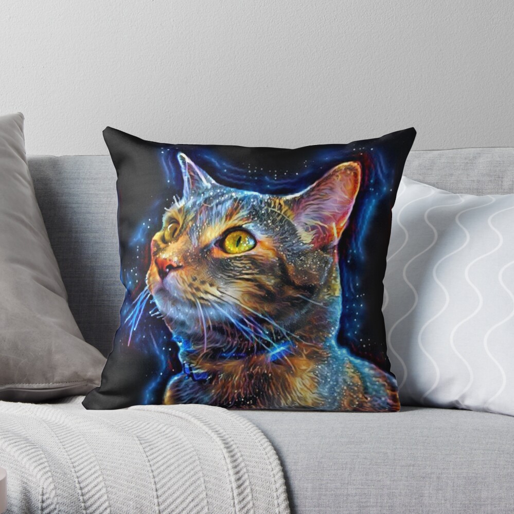 Cosmic Kitten - Abstract Digital Space Cat Painting Throw Pillow