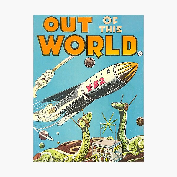 Item preview, VINTAGE POSTER - Retro Poster featuring Spaceship and Dinosaurs Wearing Headphones Art Print / Wall Art - Vintage Science Fiction designed and sold by 12thStFactory.