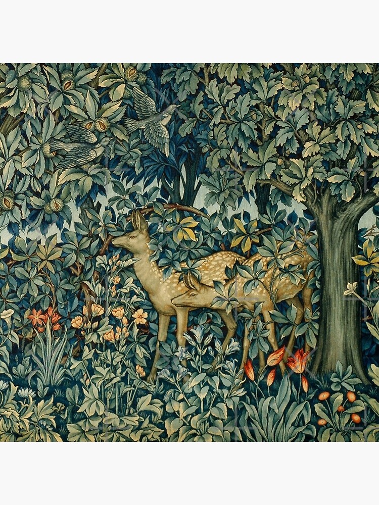 GREENERY,TWO DOES AND BIRDS IN FOREST Blue Green Floral Tapestry by BulganLumini