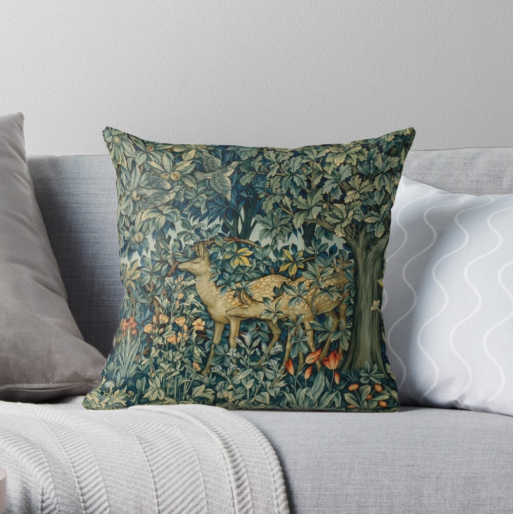 GREENERY,TWO DOES AND BIRDS IN FOREST Blue Green Floral Tapestry Throw Pillow