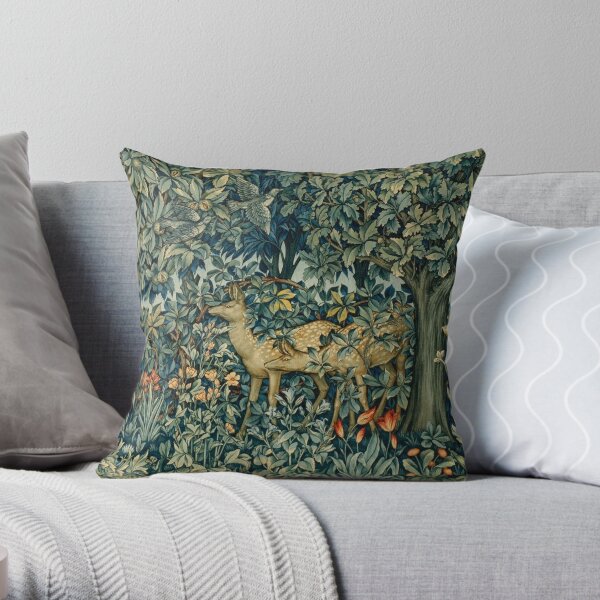 GREENERY,TWO DOES AND BIRDS IN FOREST Blue Green Floral Tapestry Throw Pillow