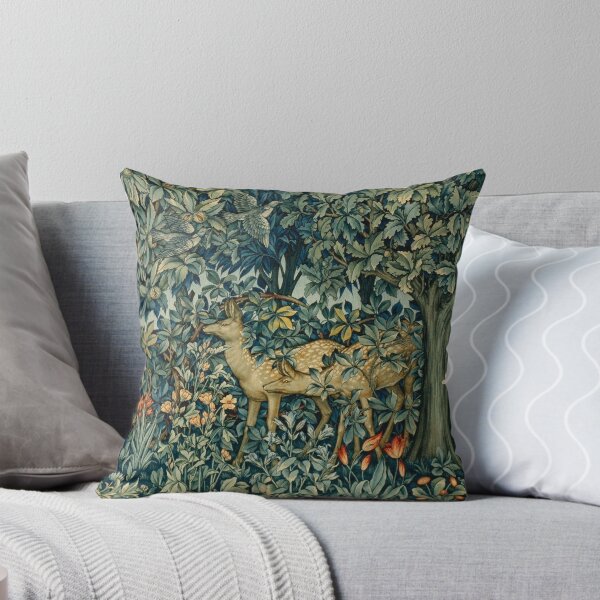 Aperçu de l'œuvre VERDURE, DEUX BICHES ET OISEAUX DANS LA FORÊT Tapisserie florale bleu-vert créée et vendue par BulganLumini.