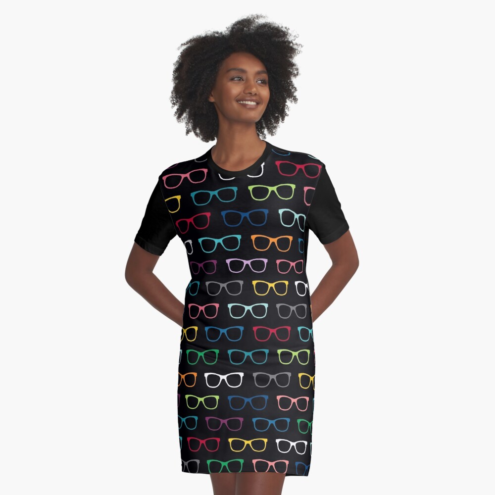 Colorful Hipster Eyeglasses Pattern Graphic T-Shirt Dress