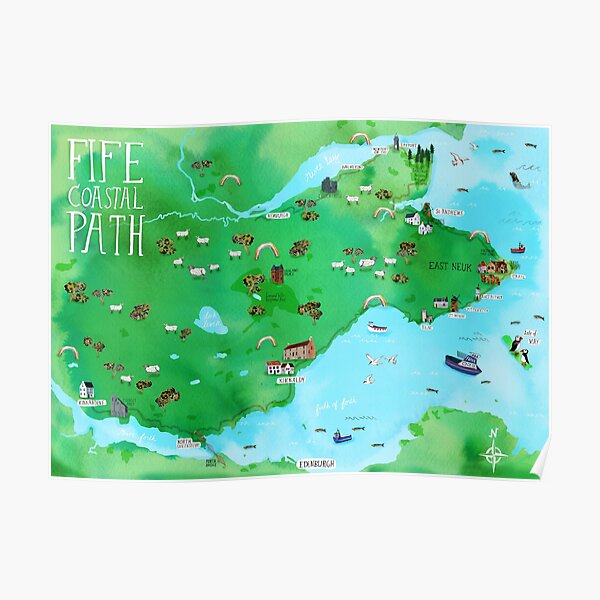 Fife Coastal Path Scotland Illustrated Map Watercolor Art Poster
