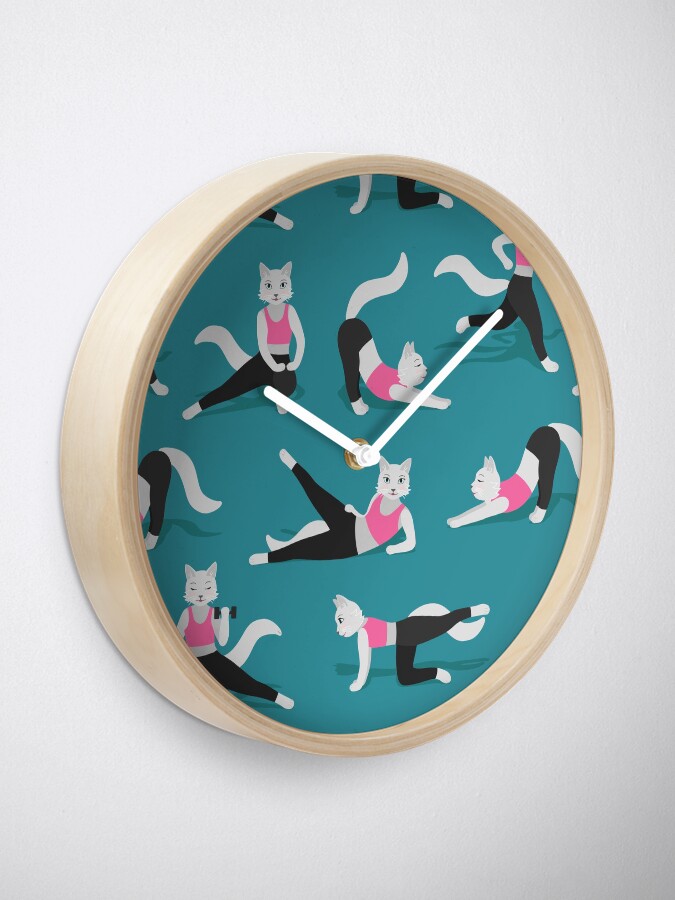 Alternate view of Fitness Cats on teal (with stickers) Clock