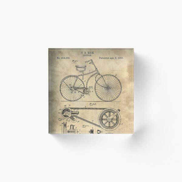 Antique Bicycle Blueprint patent drawing plan, Industrial farmhouse Acrylic Block