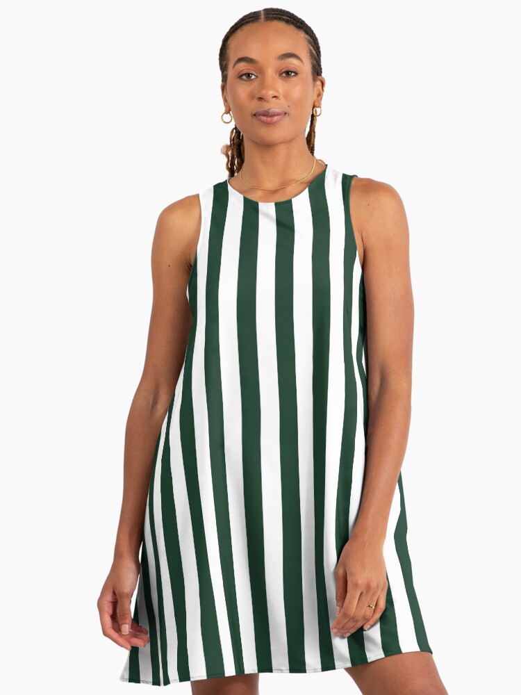 Phthalo Green And White Vertical Stripes White A-Line Dress