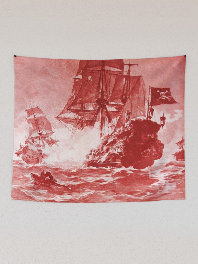 PIRATE SHIP BATTLE IN ANTIQUE RED Nautical Collection Tapestry