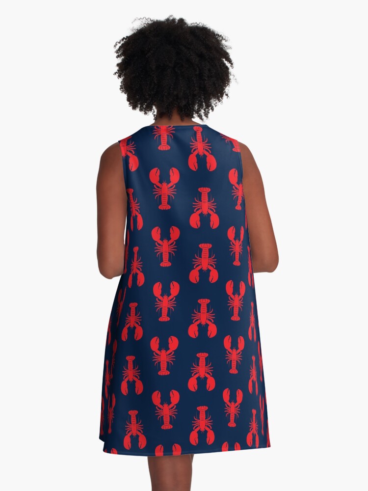 Thumbnail 3 of 4, A-Line Dress, Lobsters - Red on Navy designed and sold by littlearrow.