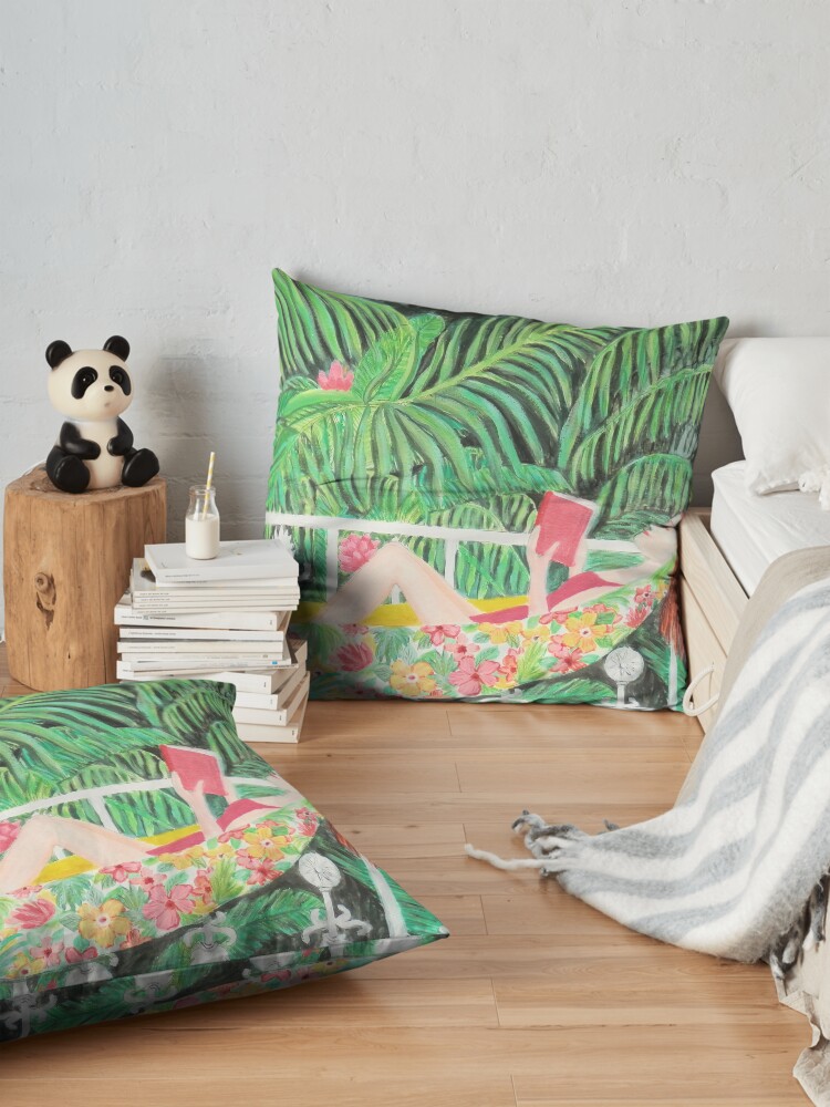 Alternate view of Tropical Hammock, Reading a book in Palm paradise, watercolor and acrylic painting by Magenta Rose Designs Floor Pillow